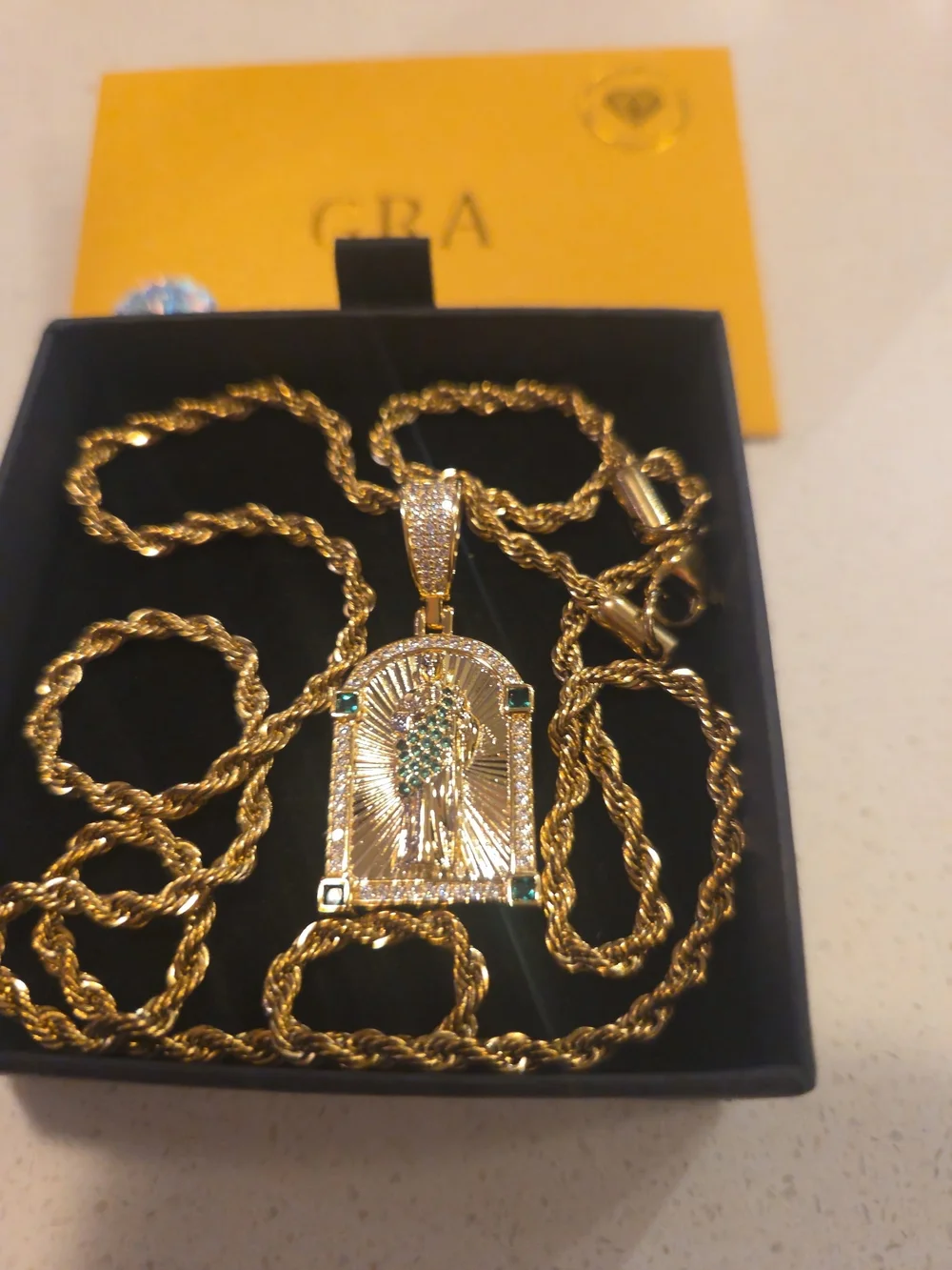 Men's Gold Emerald Jesus Pendant with Rope Chain Necklace